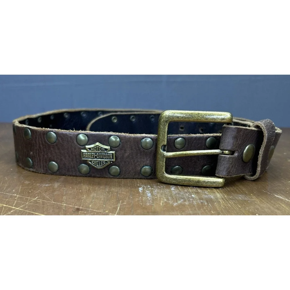 Vintage Harley Davidson Leather Belt Brass Buckle Rivets Made USA Sz 32